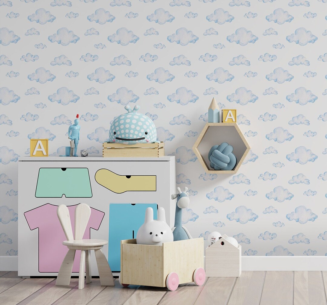 Blue Cloud Nursery Wallpaper, Kids Nursery Wallpaper, Peel and Stick