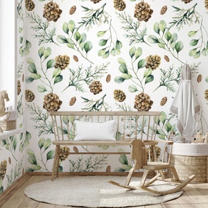 Papel de parede de berçário florestal, papel de parede infantil, decoração de parede de pinhas em aquarela, papel de parede infantil, descascar e colar ou papel de parede tradicional