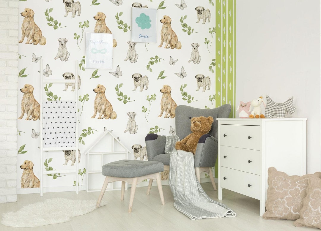 Dogs, Butterflies & Leaves Wallpaper, Animals and Plants Wall Mural ...