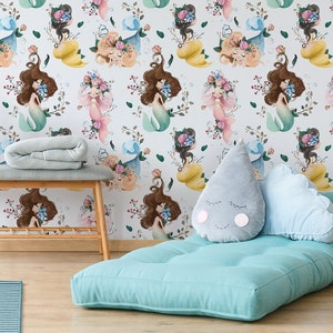 Mermaids wallpaper for kids room, peel and stick, self adhesive, nursery wallpaper, kids room wall mural, baby room wall decor