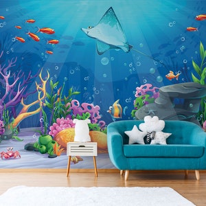 Undersea world wall mural for kids room, animal pattern, peel and stick, self adhesive, nursery wallpaper, baby room wall decor