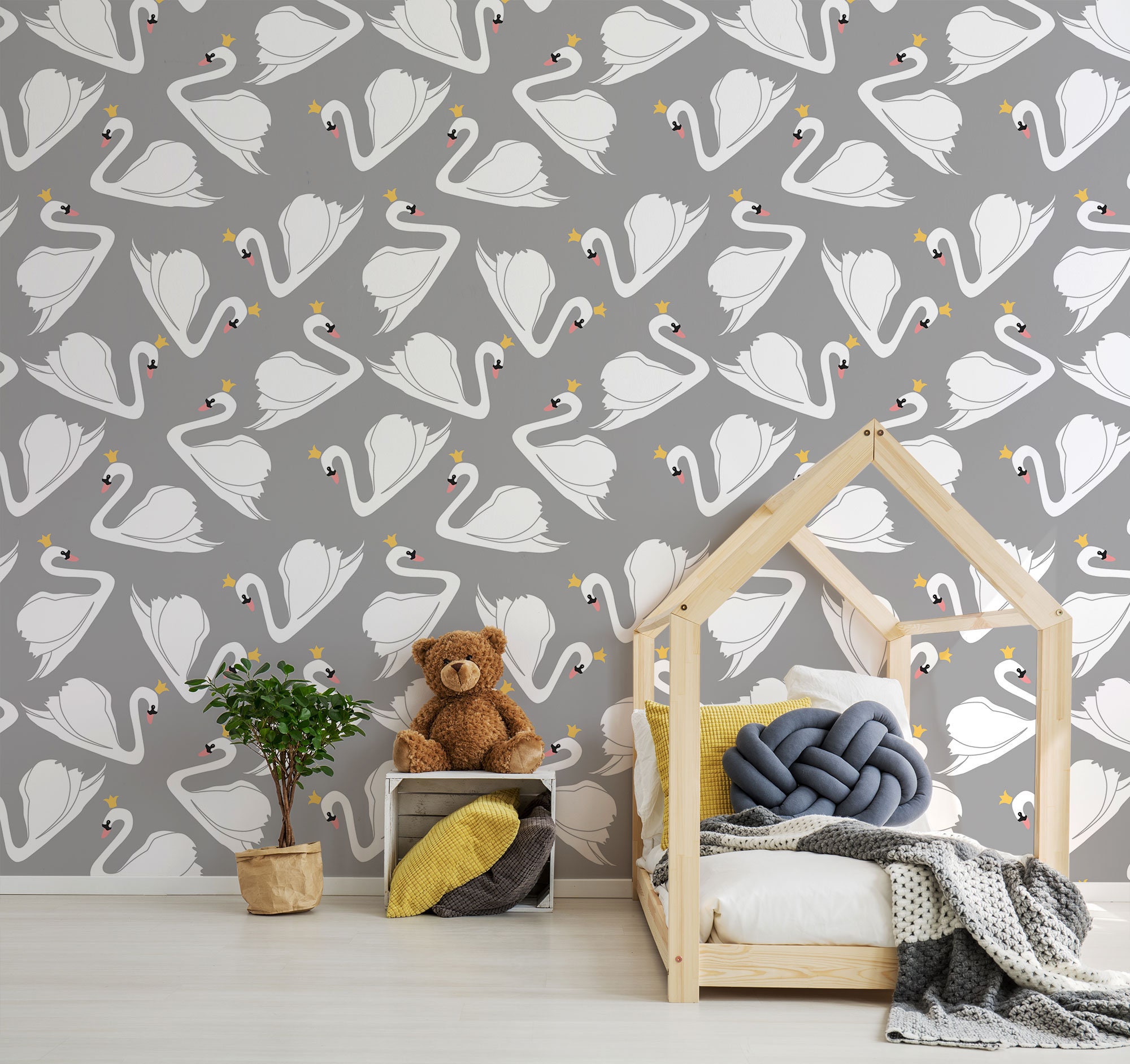 Gray Wallpaper With Swan Pattern, Kids Nursery Wallpaper, Animal ...
