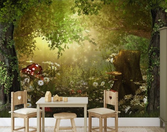 Fotomural bosque mágico, autoadhesivo, despegable y pegable, papel pintado para habitación infantil, mural de pared para habitación infantil, decoración de pared para habitación de bebé