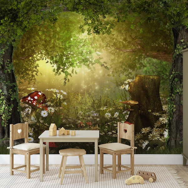 Wall mural magic forest, peel and stick, self adhesive, nursery wallpaper, kids room wall mural, baby room wall decor