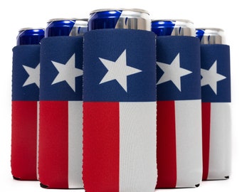 Texas Flag Slim Can Cooler Sleeves, Skinny Beer Drink 4mm Neoprene for 12 oz Skinny, 12 Pack - Free Shipping - 12 Pack