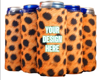 Personalize Cheetah Slim Can Cooler 4mm Neoprene Sleeves, Full Color, Beer Skinny Drink Recreate Any Design Print Both Sides
