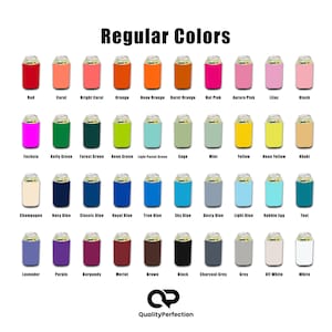 May include: A collection of colorful can coolers in various shades, including red, orange, green, blue, and purple. Each cooler is displayed with its color name, such as "Red," "Navy Blue," and "Purple." The text "Regular Colors" is at the top.