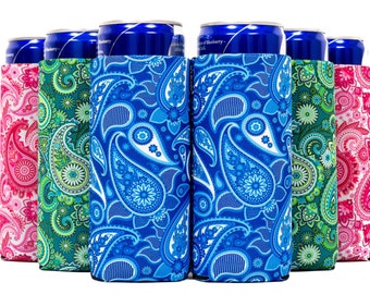 Paisley Slim Can Cooler Sleeves Insulated Neoprene 4mm Thickness for 12 oz Tall Skinny Set of 6, bright Paisley