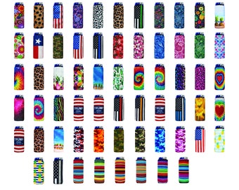 Slim Can Cooler Sleeves, 12 oz Neoprene Premium 4mm Thick,  Pattern Skinny Can Holder, US flag, Black Flag, Leopard, Texas, Camo - 1 Unit