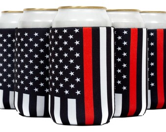 Firefighter Can Cooler Sleeves, Black Flag with Red Line, Beer Drink 4mm Neoprene for 12 oz, 1 Unit