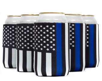 Can Cooler Sleeves, Black Flag with Blue Line, Beer Drink 4mm Neoprene for 12 oz, 6 Pack, Police - Free Shipping