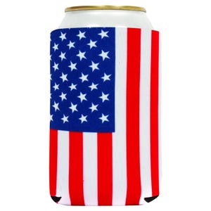 May include: A white foam can cooler with a printed American flag design. The flag features red and white stripes and a blue field with white stars.