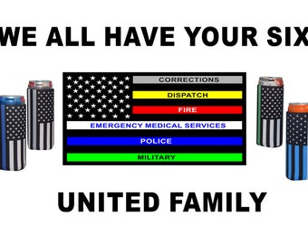 Slim Can Cooler Sleeves (Pack of 6 ) US Flags, Skinny 4mm Neoprene Beer Coolers, Black Flag - Free Shipping