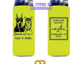 Custom Pet Wedding Slim Can cooler, Monogram Holder 12oz Color 4mm Neoprene Skinny Favor Personalize with my dog on it, Drinks on us QP91