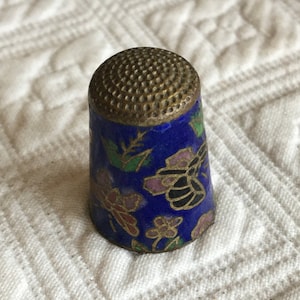 Vintage Cloisonne Thimble. Blue Background With Butterflies, Flowers and Leaf Designs on Brass. Aqua Blue Enamel Inside.