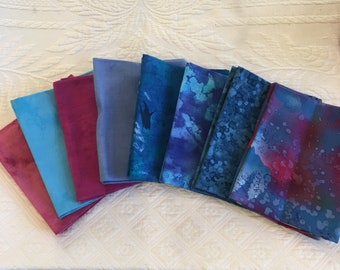 2 Yards 8 Fat Quarters of Fabrics in Lime Green Zippered Pouch. Quilting Cottons in Pinks, Purples and Blues. For Sewing of All Kinds.