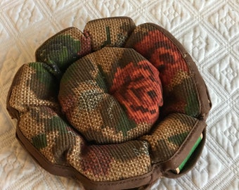 Vintage Floral Corduroy Pin Cushion: Sewing Room Decor. Holds Thread Spools.