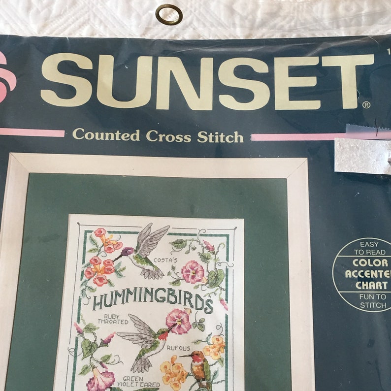 7 Breeds of Hummingbirds on This Stitchery Cross Stitch Kit of The Hummingbird Society From Sunset #13589 Color Accented Chart.