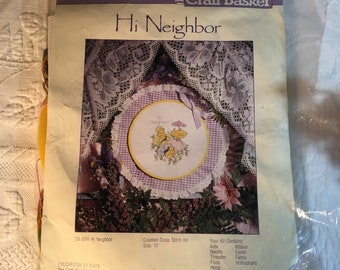 Counted Cross Stitch Hoop Stitchery. Hi Neighbor CB-3591 From The Craft Basket. 1988 Plastic Hoop Wall Hanging Kit of Chickens. Purple.