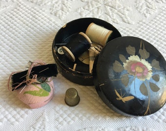 Vintage Floral Enamel Painted Sewing Box to Hold Thread, Needles, Pins, Thimbles and Other Small Sewing Notions. Includes Thimble, Threads.