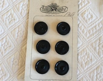 Vintage La Mode 6 Black Buttons 7/8" Circle Within Circle Within Circle Design. Flat Sewing Groove on Back. Purchase 6 or 3 w/ Antique Card.