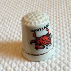 Vintage Porcelain Maryland Thimble with a Red Crab, Traub Copyright. Or Choose Small Porcelain Thimble with Red Bird on a Limb.