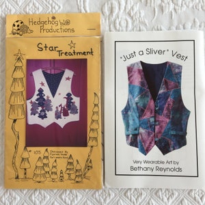 アップリケまたはピースデザイン用のレディースベストパターン。Hedgehog Prod. の Cynthia Young による Star Treatment、または Just a Sliver Vest をお選びください。