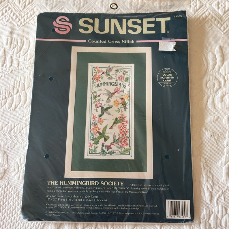 7 Breeds of Hummingbirds on This Stitchery Cross Stitch Kit of The Hummingbird Society From Sunset #13589 Color Accented Chart.