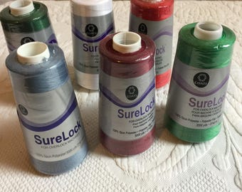 SureLock Thread 100% Spun Polyester 3000 Yards Thread for Overlock Machines, by Coats. Made in China.