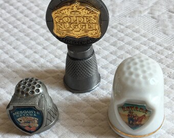 Vintage Nevada Thimble. Choose Style. Porcelain Nevada w/ Gold Miner, Donkey, Mesquite, Cards, Wheel, Dice, or Golden Nugget, Las Vegas.