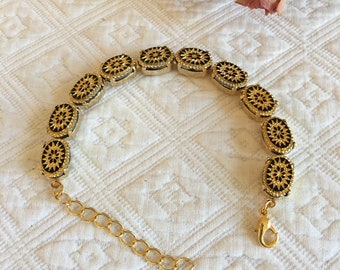 Vintage Glass Quilt Design Bracelet: Gold & Black Cabochons, 16K Gold Plated.