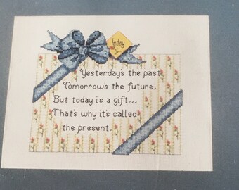 Counted Cross Stitch Graph Pattern. 8" X 10" Kit No. 8074, The Present. By Happy Things By Patsy Moore. Embroidered Words.