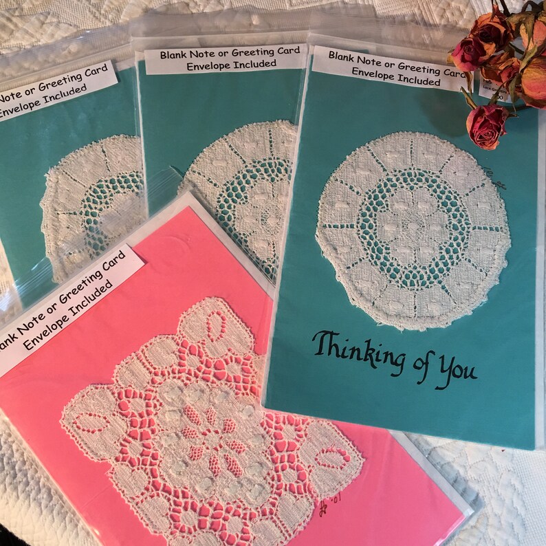 Antique Lace Stitched on Cardstock Blank Cards With Envelop 4 Handmade Antique Lace Greeting Cards /& Envelopes One says Thinking of You.