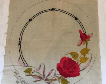 Vintage Crewel Embroidered Rose Pillow Cover: Unfinished Linen Design.