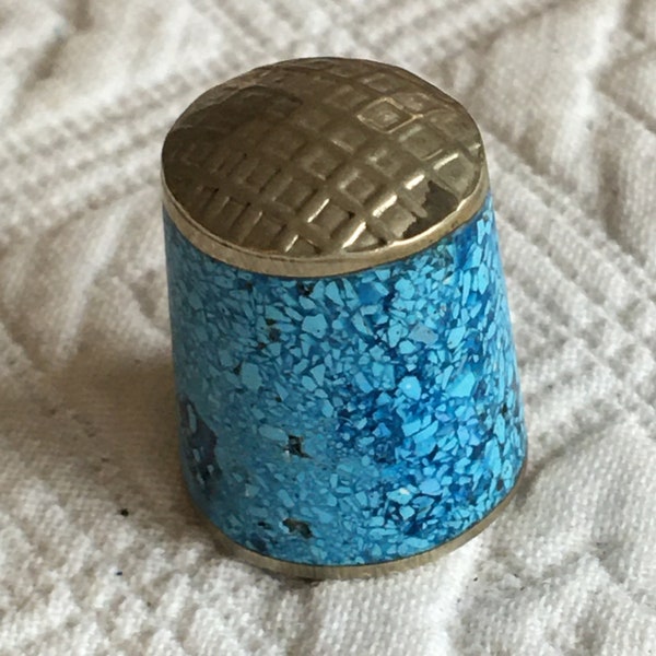 Vintage Enamel Thimble. Blue Marbleized Enamel Decorated Thimble. Alpaca Silver Thimble from Mexico.