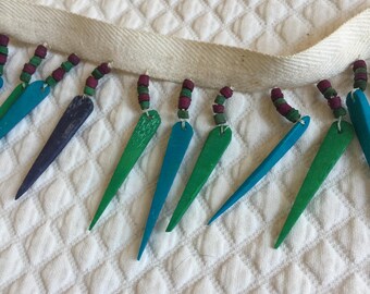Vintage Teal and Aqua Wood Spikes and Beaded Trim. 2" Long with Twill Tape to Sew Into Project. Use to Decorate a Pillow or Other Project.