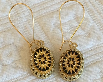 Vintage Quilt Design Glass Cabochon Earrings: 16K Gold Plated Brass.