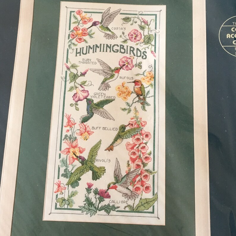7 Breeds of Hummingbirds on This Stitchery Cross Stitch Kit of The Hummingbird Society From Sunset #13589 Color Accented Chart.