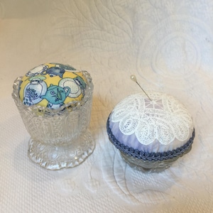 Vintage Glassware Pin Cushion. Handmade Pin Cushion for Sewing Room Pin and Needle Storage. Decorative Pin Storage.