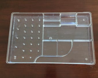 Vintage Sewing Tray w/ Storage Marked for Thread, Pin Cushion, Thimbles, Scissors, Buttons, Pin, Needles, Tape Measure/Ruler and Bobbins.