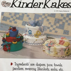 Kinder Kakes Diaper Cake Pattern and Instructions. Using Diapers, Pins, Towels, Receiving Blankets, Socks, Etc. Make a Baby Shower Cake.