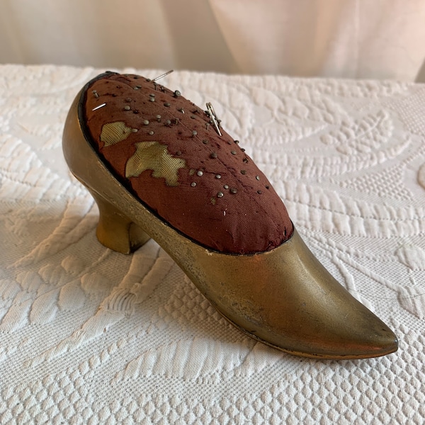 Antique Gold Metal Antique Shoe Pin Cushion. Old Pin Cushion Brown Fabric Over a Green Satiny Brocade Fabric. Pointed Toe and Shaped Heel.