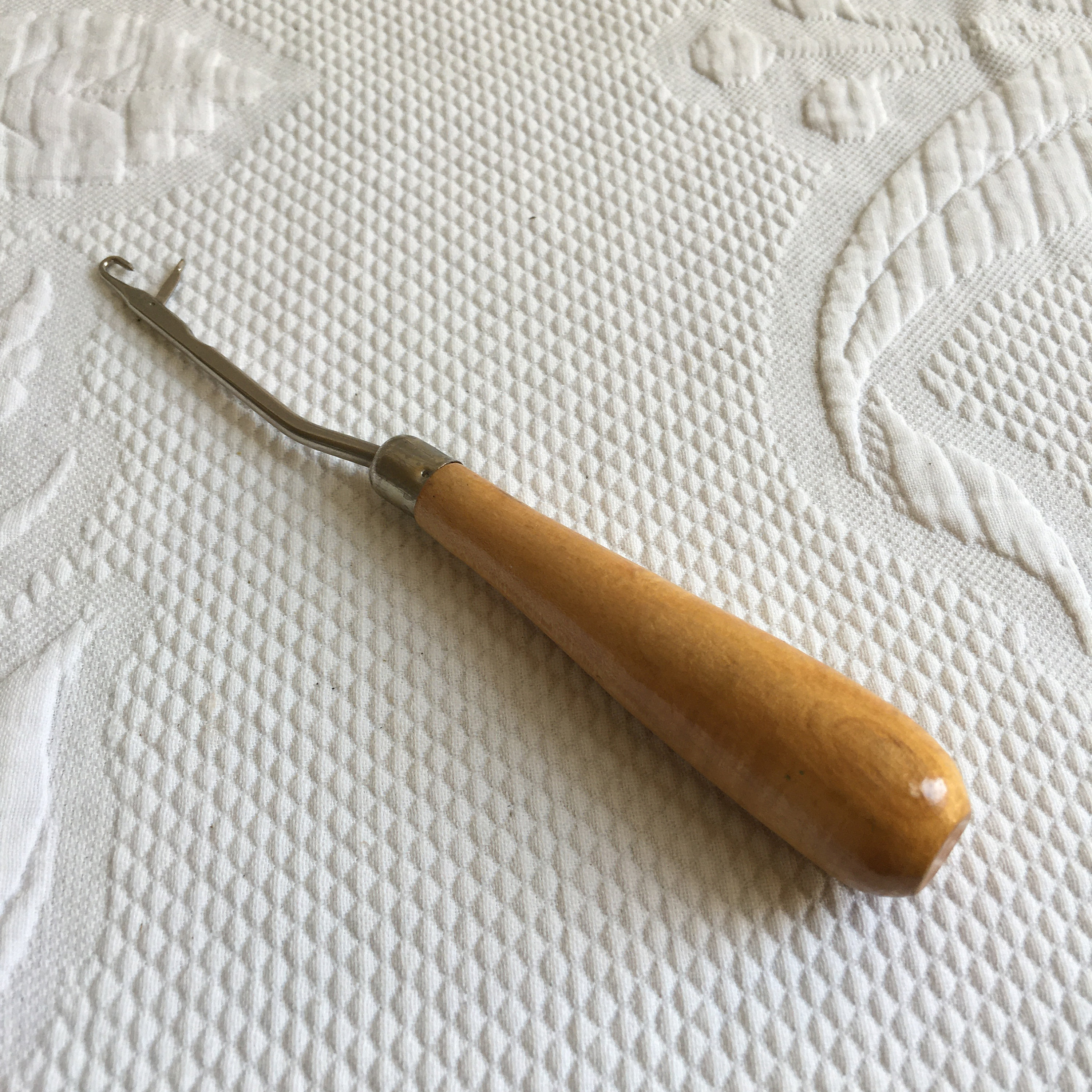 Vintage Hooked Rug Hook for Securing Yarns in a Hooked Rug. Wooden Handle  and Metal Hook With Swing Protector for Pulling Through. 