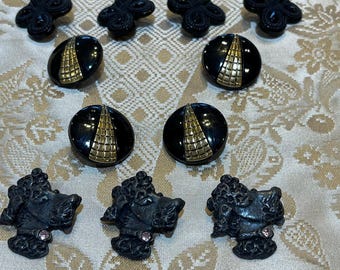 Vintage Decorative Buttons on Black. Choose Poodle Head Buttons,  4 Swirls with Faceted Sparkle or Black with a Gold Tone Grooved Swish.