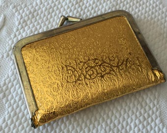 Vintage 1950s Travel Sewing Kit. Choose Gold or Brown w/ Design and Leather Interiors. Includes Scissors, Thread, Buttons, Pins, Needles.