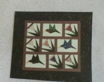 Vintage Flip and Sew Kit, 4 Hummingbirds and 8 Morning Glories. Includes Marked Muslin Foundations and Instructions for a Small Wall Quilt.