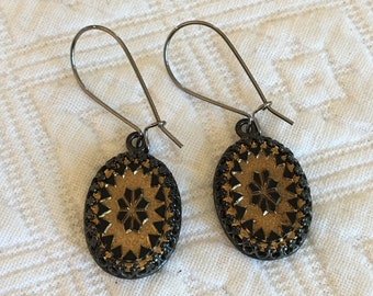 Vintage Glass Quilt Design Earrings. Black With Gold Cabochons. Gunmetal Plated Brass Thin Wire Pierced Earrings. Vintage Glass.