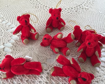 Craft Teddy Bear for Ornament or Miniature Display. Flocked Red or Green Bear with Tan Vinyl Paw Pads. Embroidered Features.