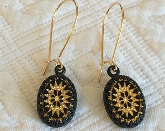 Vintage Glass Quilt Design Earrings. Black With Gold Cabochons. Choose 16K Gold or Gunmetal Plated Brass Thin Wires. Vintage Glass.