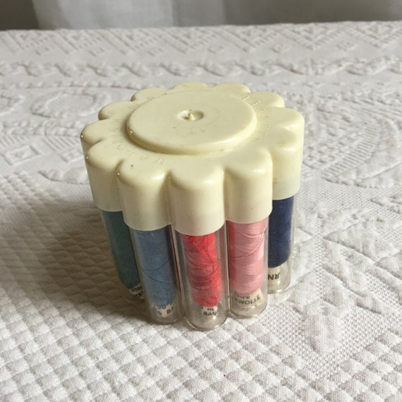 Vintage Nahgarn Rollchen Thread Holder. German Long Narrow Thread Spool Holder. Plastic Circle of Tubes with Lid and Holding Space.